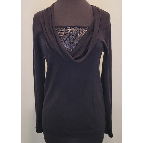 Dana Buchman Black Sequin Cowl-Neck Top – NWT, Long Sleeve, Sz M Holiday Sparkle - Picture 1 of 9